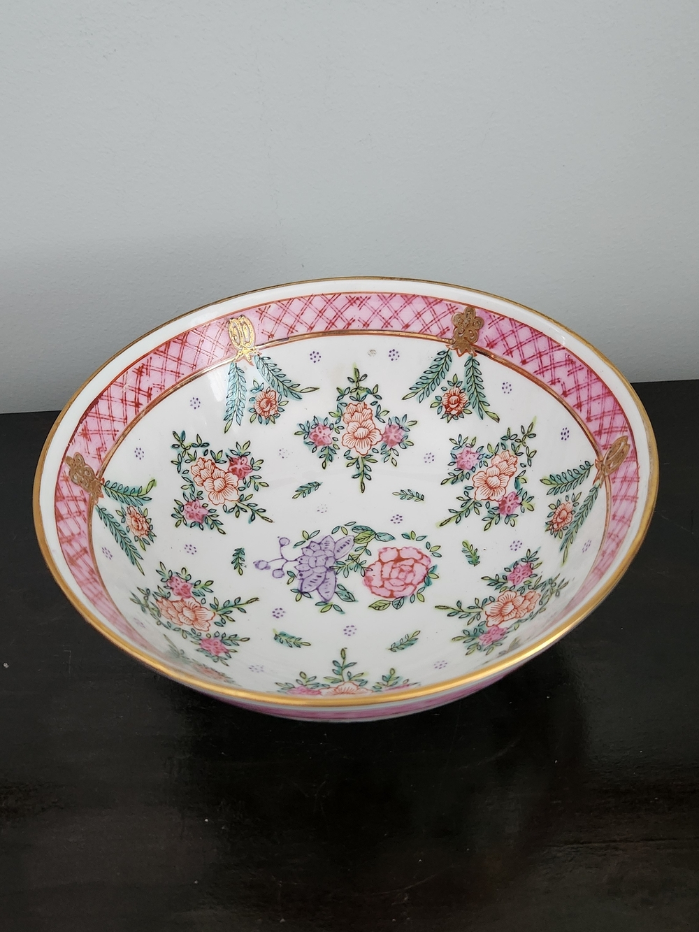Porcelain Floral Serving Noodle Bowl in Pink, White and Gold Trim